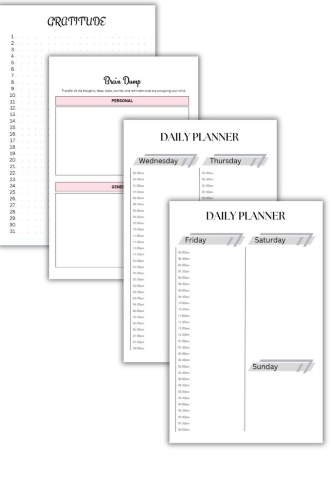 Daily Hour-by-Hour Planning, gratitude and brain dump pages