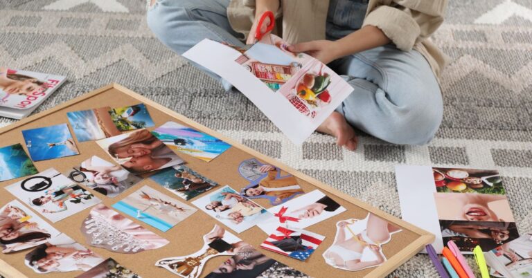 Aesthetic manifestation board for women with future-self imagery