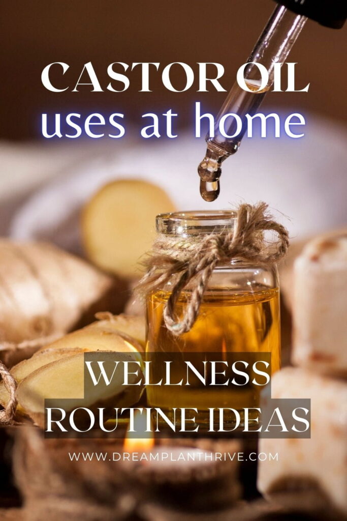 castor oil in a bottle and text overlay- Castor Oil Uses at Home | Wellness Routine Ideas.