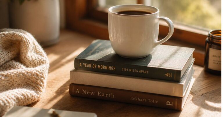 Personal Development Books for Women - white ceramic coffee mug resting on stacked hardcover books near a sunlit window, natural morning light, authentic home atmosphere, warm wooden tones, cozy peaceful mood.