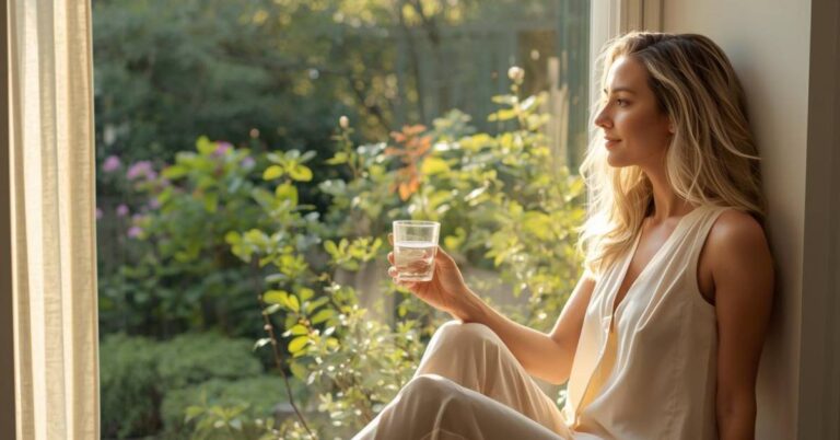 Woman sitting at a window nook seat with a glass of water, overlooking a lush green garden, wearing cream loungewear, golden morning light filtering through sheer curtains, soft and peaceful- Daily Habits for a Healthy Body Every Woman Can Start Today -