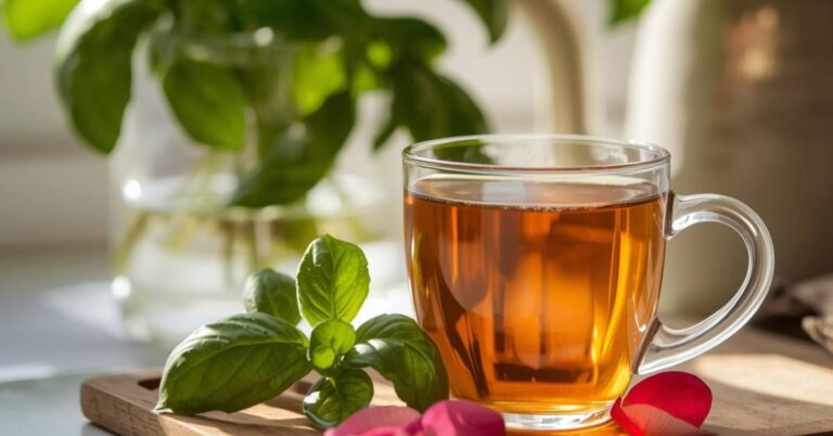 A warm cup of herbal tea beside fresh basil and rose petals in a sunlit kitchen, gentle plants for calm