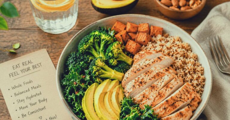 Healthy whole food meal on a wooden table — a simple approach to eating for energy and a toned body