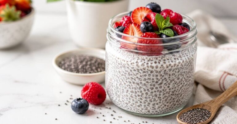 A glass jar of vanilla chia pudding topped with fresh berries on a bright kitchen counter — one of many healthy chia seed recipes.
