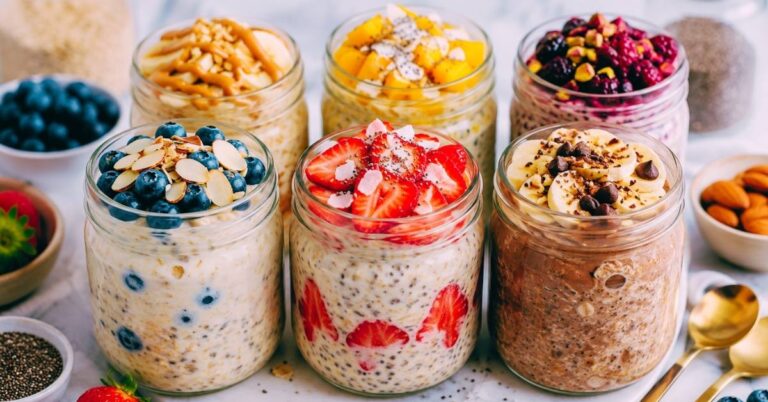 Jar of healthy overnight oats topped with fresh berries, banana slices, chia seeds, and nuts on a wooden breakfast table. - a Healthy Overnight Oats Recipes for Easy Breakfasts