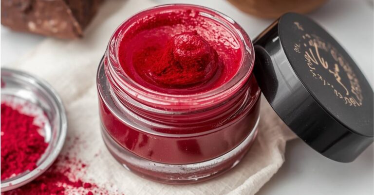 Homemade beetroot lip balm recipe in a glass cosmetic jar made with shea butter, cocoa butter, coconut oil, sweet almond oil, and beetroot powder.
