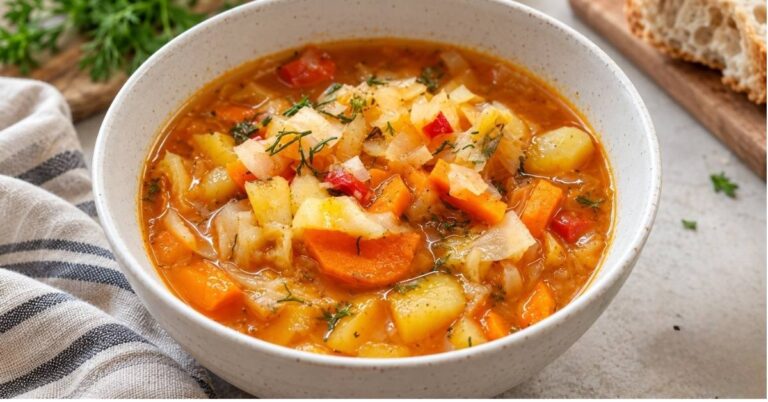 A simple, cozy vegetable stew made with cabbage, potatoes, tomatoes, celery root, and sweet red pepper.