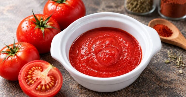homemade ketchup recipe with fresh tomatoes in a small porcelain jar and smoked paprika